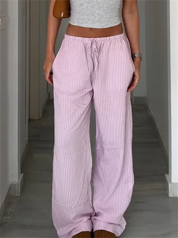 Streetwear Striped Print Loose Trousers Lace-up Joggers Fashion Y2K Baggy Pants Basic Aesthetic 90s Cute Bottoms