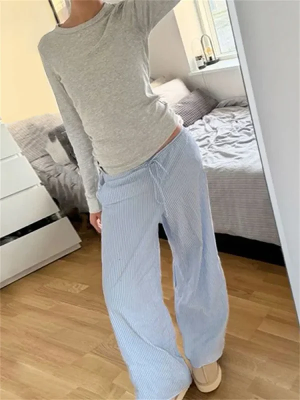 Streetwear Striped Print Loose Trousers Lace-up Joggers Fashion Y2K Baggy Pants Basic Aesthetic 90s Cute Bottoms - Image 6