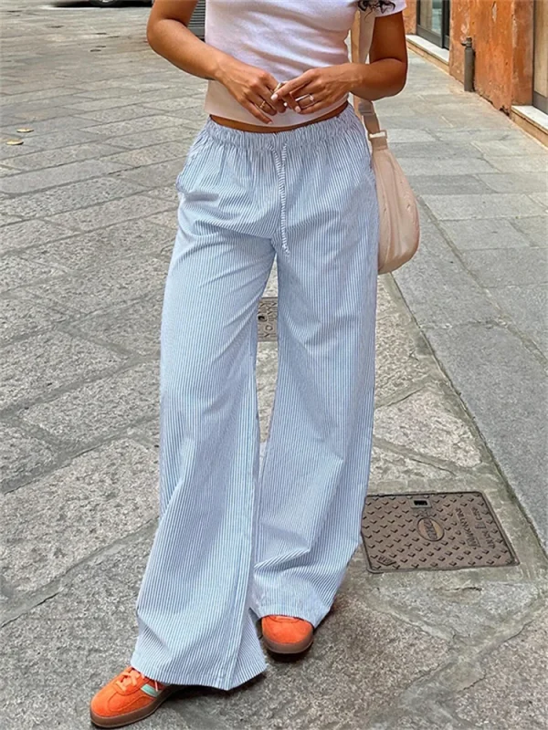 Streetwear Striped Print Loose Trousers Lace-up Joggers Fashion Y2K Baggy Pants Basic Aesthetic 90s Cute Bottoms - Image 4