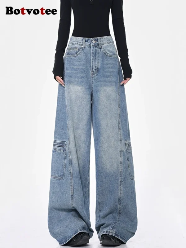 High Waisted Cargo Jeans More Than A Pocket Hip Hop Baggy Loose Style Denim Pants Light Blue Oversized Y2k Jeans - Image 3