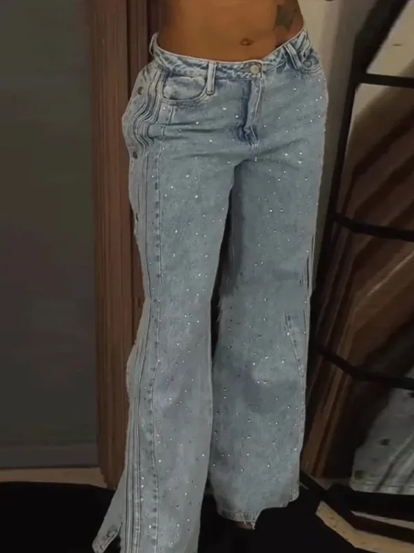 Women Full Diamond Split Denim Pants Hollow Out Low Rise Jeans Wide Leg Baggy Trousers Pleated Dragging Straight Streetwear Pant - Image 2