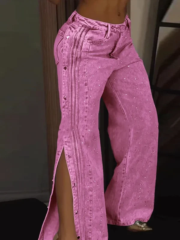 Women Full Diamond Split Denim Pants Hollow Out Low Rise Jeans Wide Leg Baggy Trousers Pleated Dragging Straight Streetwear Pant - Image 3