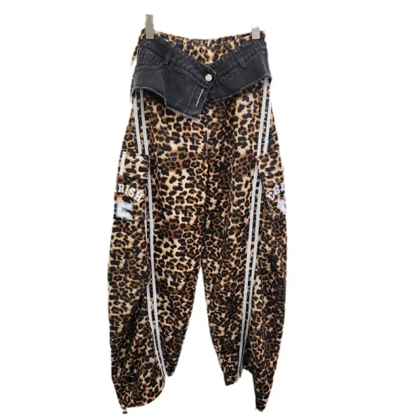 Women's 2024 autumn new leopard print splicing striped elastic loose casual pants women's scimitar pants - Image 2