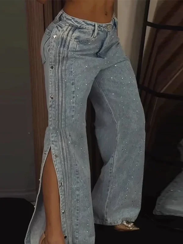 Women Full Diamond Split Denim Pants Hollow Out Low Rise Jeans Wide Leg Baggy Trousers Pleated Dragging Straight Streetwear Pant