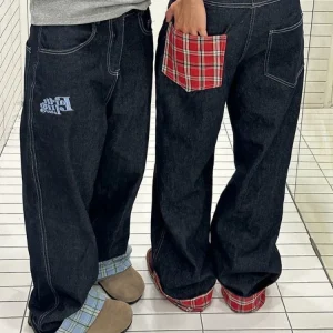 American retro plaid patchwork rolled edge women jeans high street Harajuku loose wide leg straight leg men and women pants