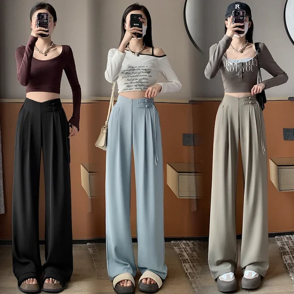 High Waist Buttons Suit Wide Leg Women's Full Pants 2024 New Spring Summer Female Elegant Minimalism Straight Loose Trousers - Image 2