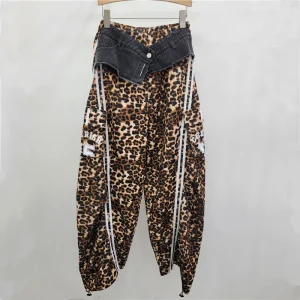 Women's 2024 autumn new leopard print splicing striped elastic loose casual pants women's scimitar pants